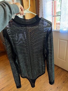 Black Sheer Long Sleeve Rhinestone Bodysuit
